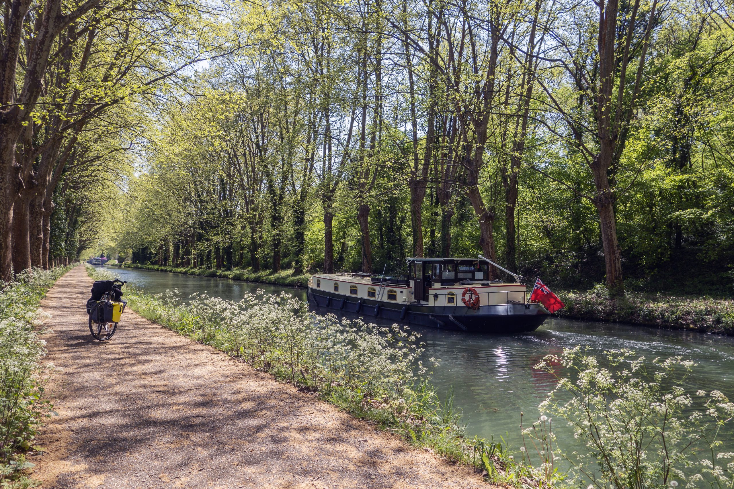 Le canal latéral à la Garonne, bordé de platanes, avec un vélo et une péniche